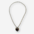 A silver-toned chain necklace featuring a heart-shaped padlock pendant with a small gold keyhole detail, shown against a light gray background.
