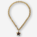 A gold-toned chain necklace with a star-shaped pendant displayed on a clean light gray background.