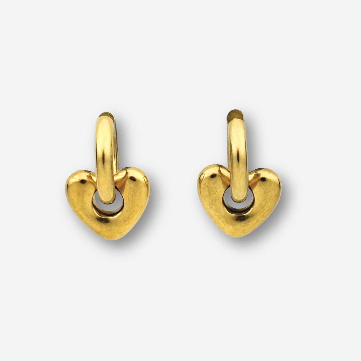 A pair of gold heart-shaped hoop earrings with a polished finish, displayed on a light gray background.