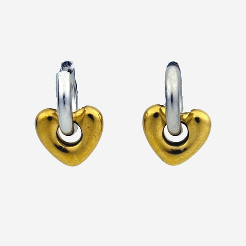 A pair of small heart-shaped hoop earrings with polished yellow gold hearts and silver-toned hoops, shown on a light gray background.