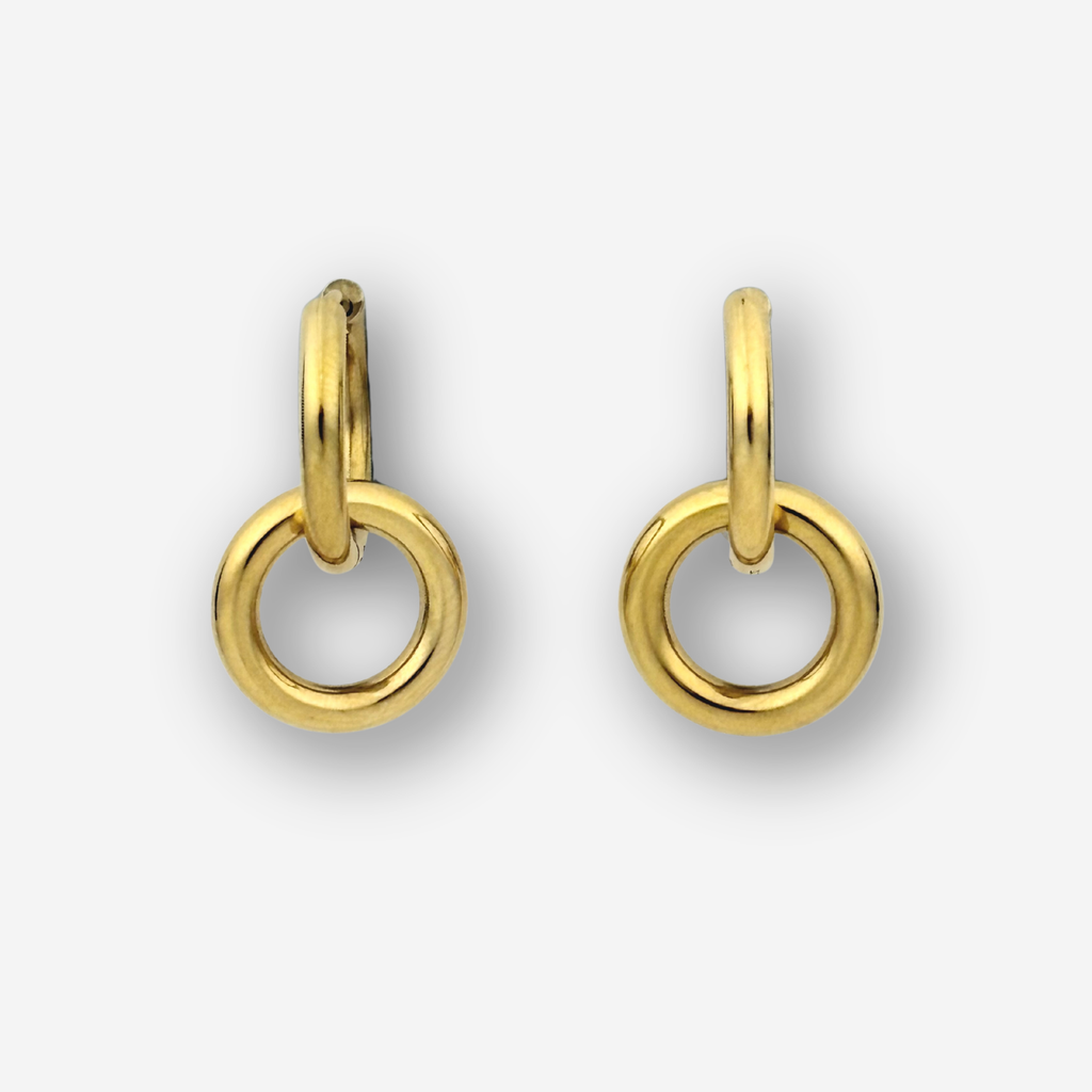 Double circle gold hoop earrings on a light grey background
