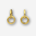 Double circle gold hoop earrings on a light grey background