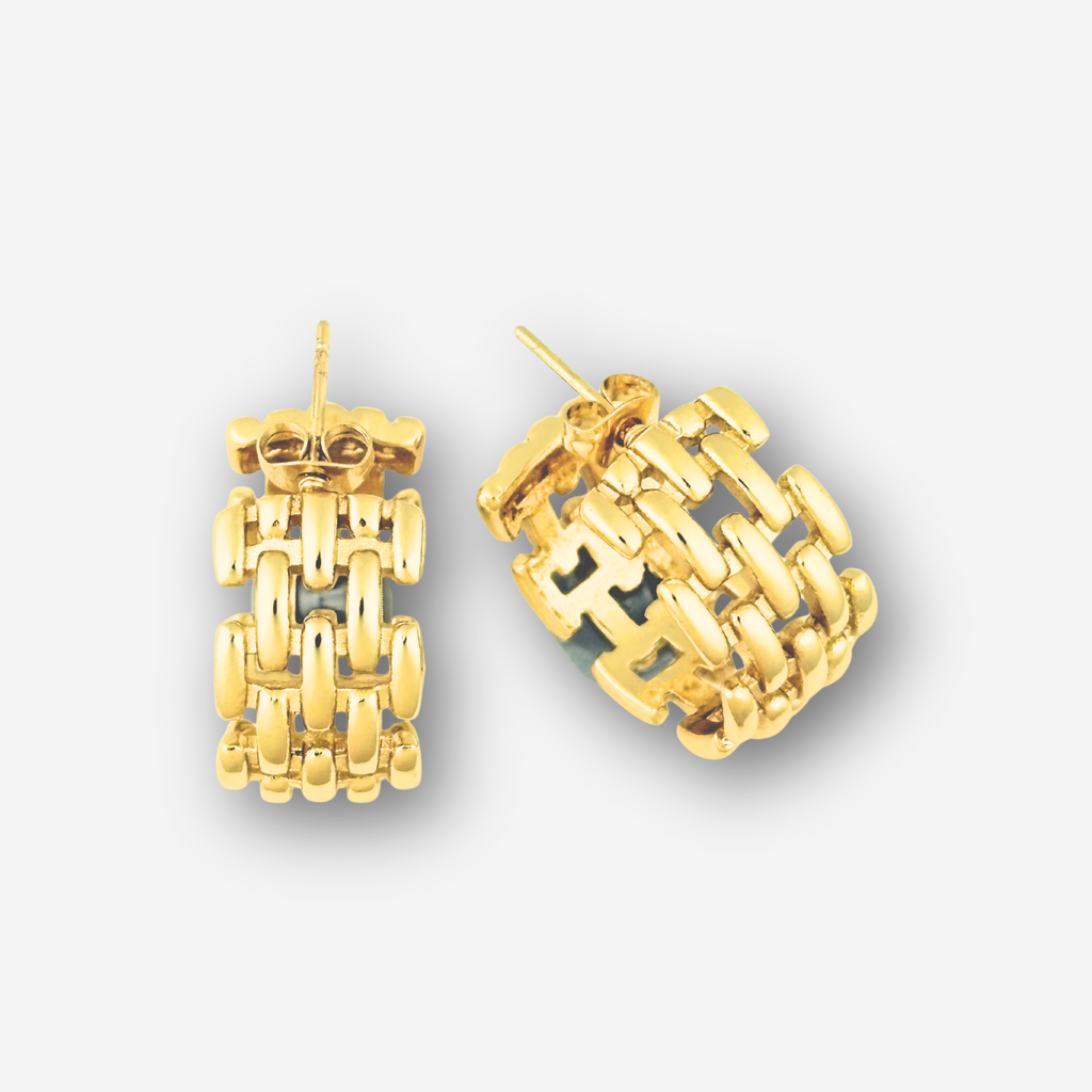 Pair of gold chain-link earrings on a light gray background