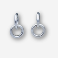 A pair of polished silver hoop earrings with a circular drop ring, shown on a light gray background.