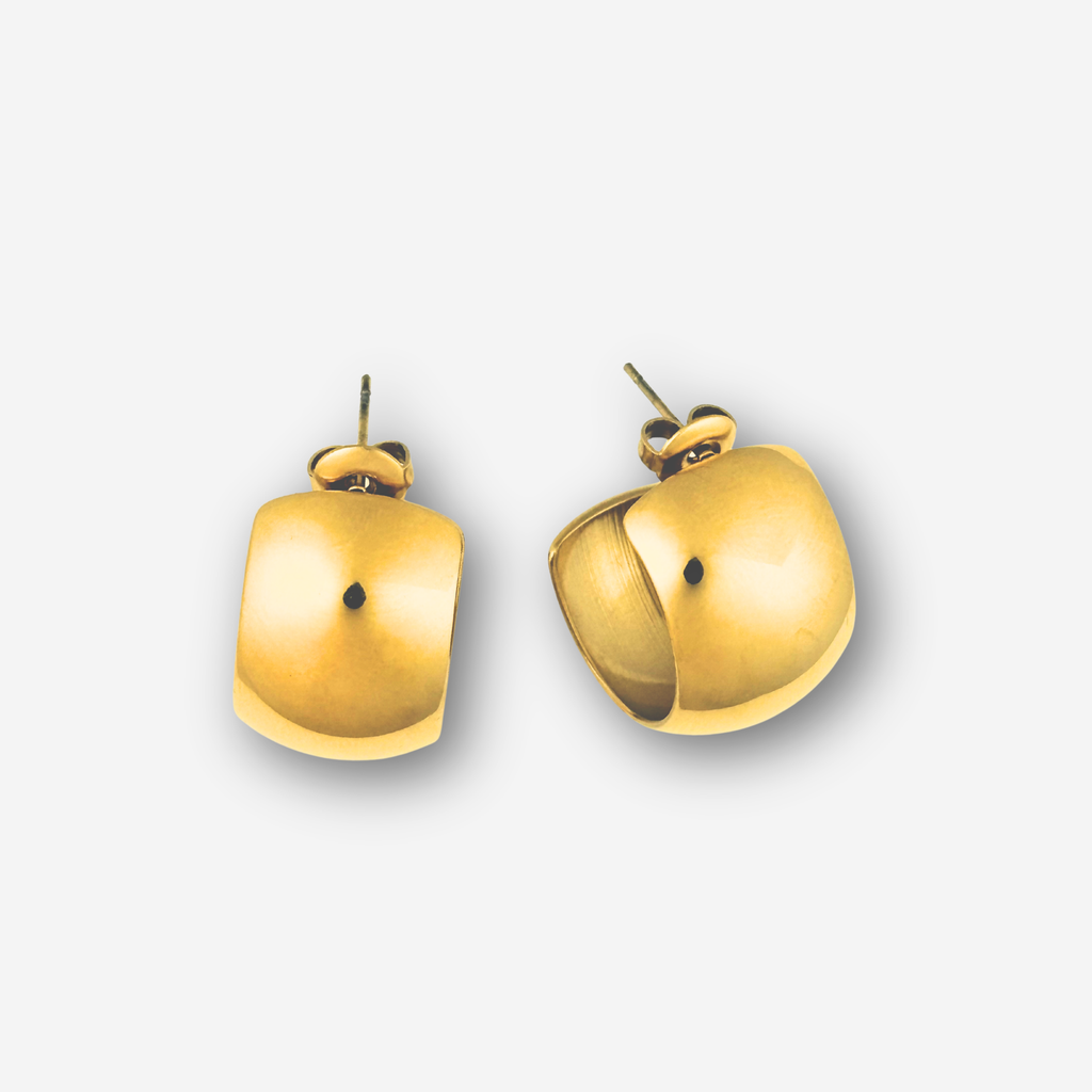 Pair of gold earrings on a light gray background