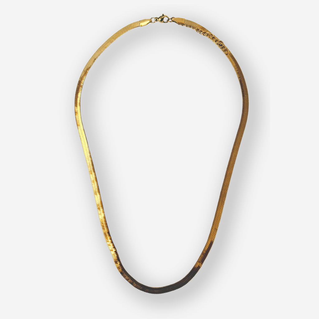 A gold herringbone chain necklace with a textured finish and a small lobster clasp, displayed on a clean white background.