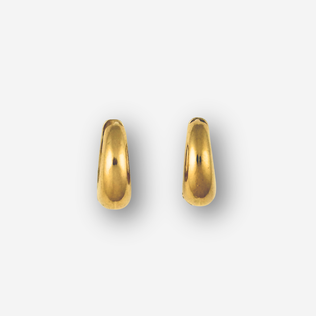 A pair of small, polished gold hoop earrings shown against a plain light gray background.