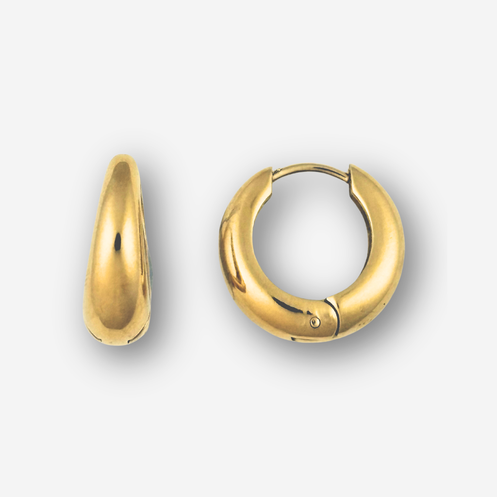 Pair of gold hoop earrings on a light gray background