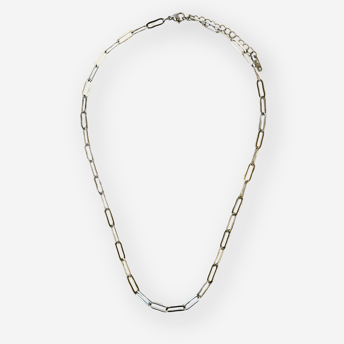 A paperclip-style chain necklace displayed on a clean white background.