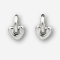 Silver heart shaped hoops on a light grey background