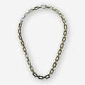 A chunky link chain necklace with silver rectangle links, displayed on a clean light gray background.