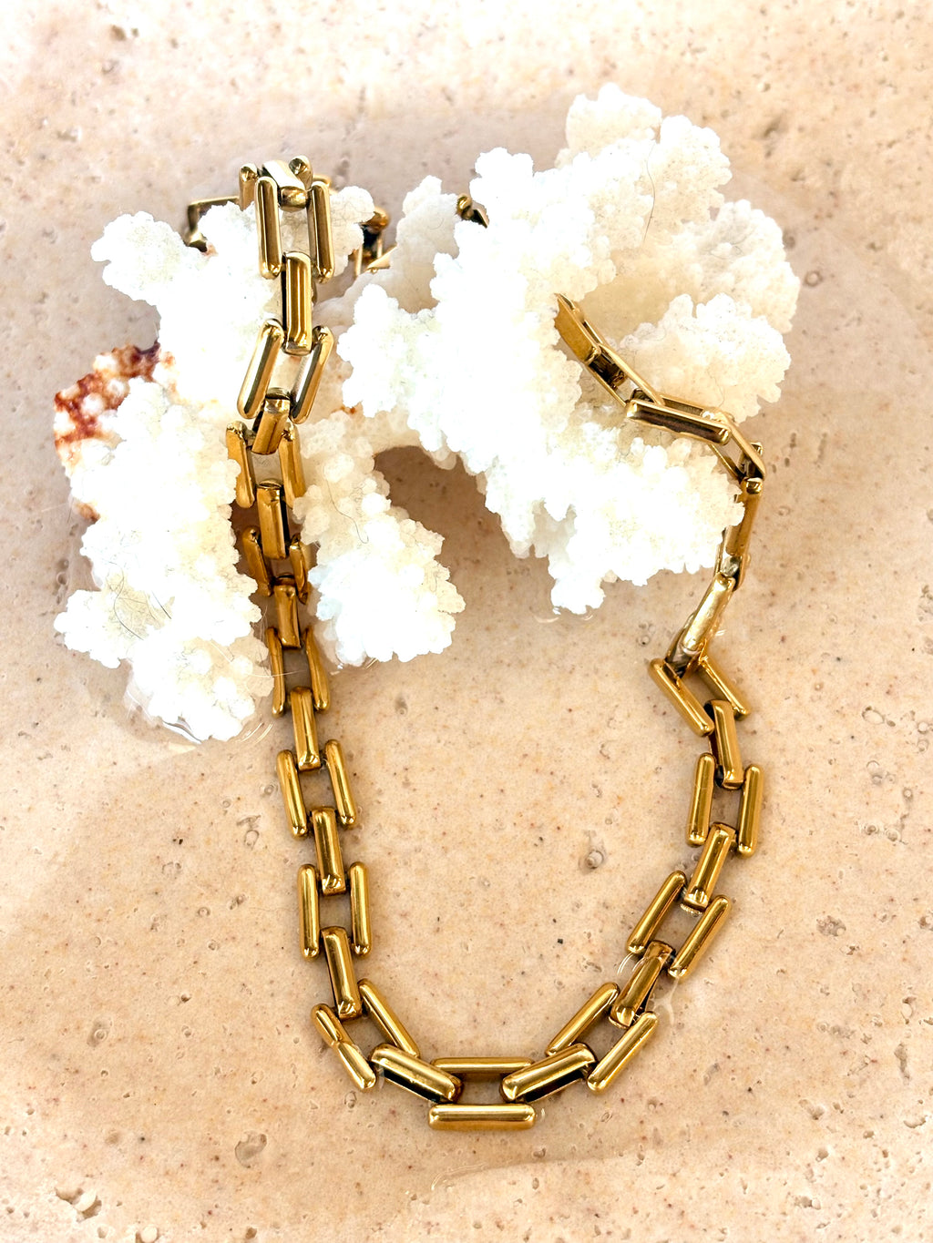 Gold chain necklace on a textured beige surface with white coral