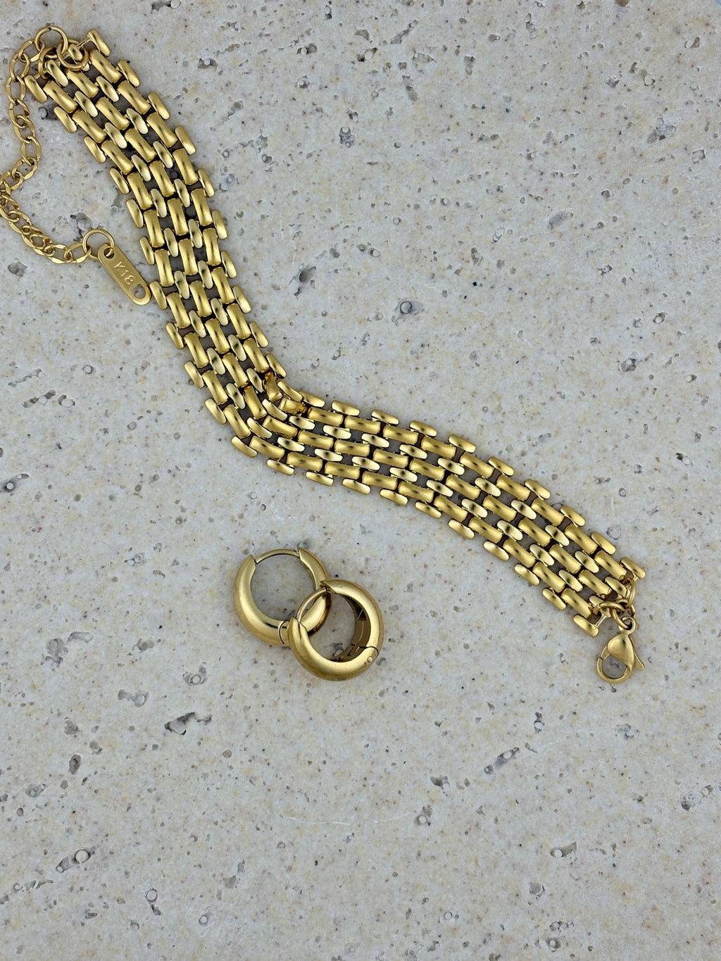 Mackenzie Gold Bracelet styled with earrings