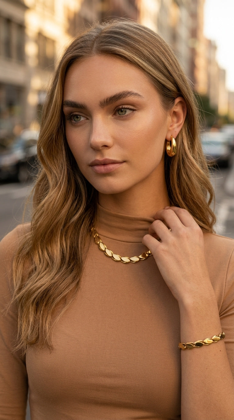 Woman wearing a gold necklace, bracelet and earrings on a city street
